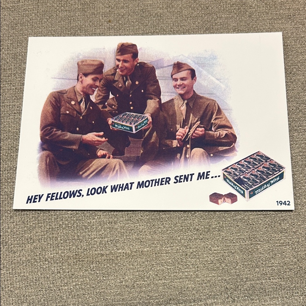 M&M'S Vintage Military Postcard with Brown and Blue Accents